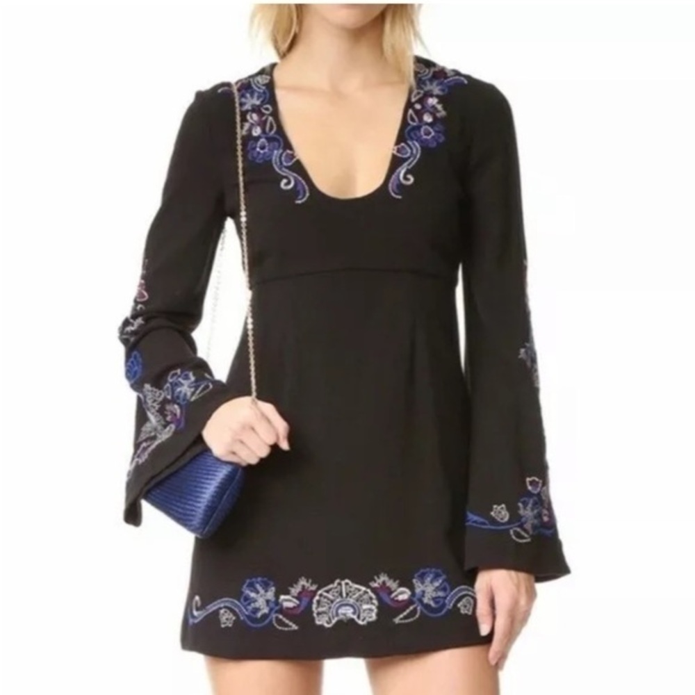 Free people black embroidered holiday bell sleeve folk mini dress 6